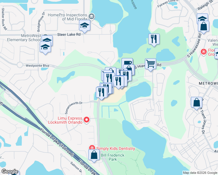 map of restaurants, bars, coffee shops, grocery stores, and more near 2400 South Hiawassee Road in Orlando