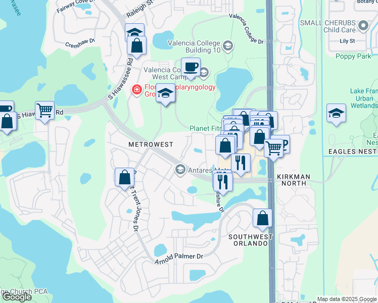 map of restaurants, bars, coffee shops, grocery stores, and more near 6151 Metrowest Boulevard in Orlando