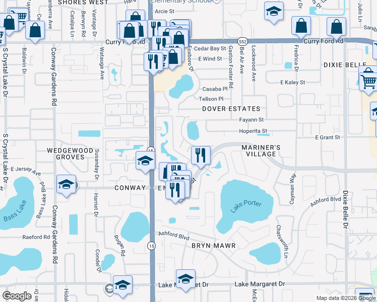 map of restaurants, bars, coffee shops, grocery stores, and more near 2409 Bridle Path Lane in Orlando