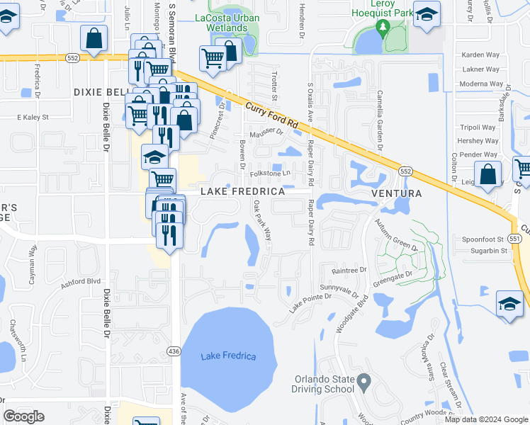 map of restaurants, bars, coffee shops, grocery stores, and more near 5938 Village Circle North in Orlando