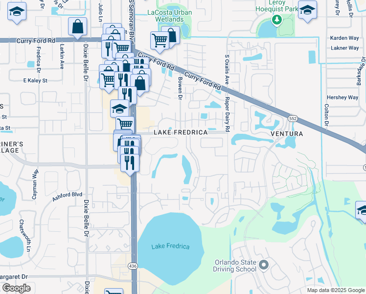 map of restaurants, bars, coffee shops, grocery stores, and more near 2434 Oak Park Way in Orlando