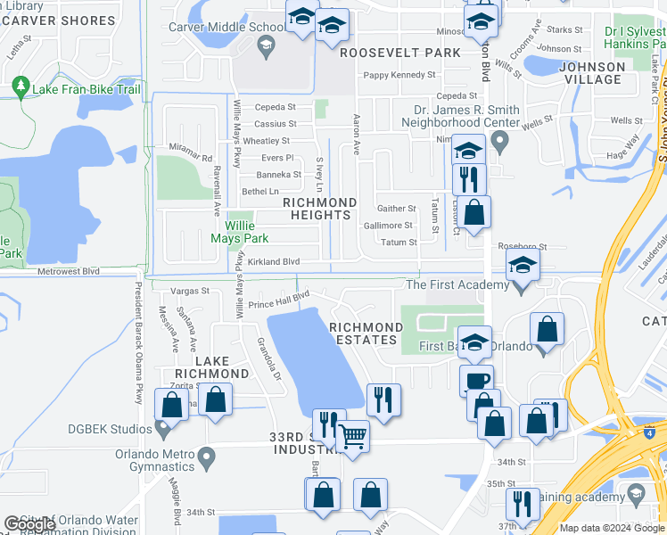 map of restaurants, bars, coffee shops, grocery stores, and more near 2250 Patterson Avenue in Orlando