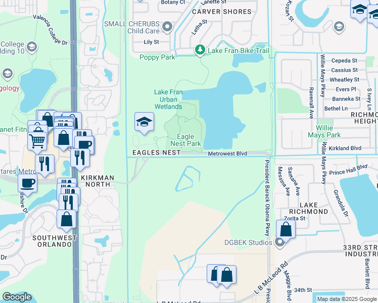 map of restaurants, bars, coffee shops, grocery stores, and more near 5165 Metrowest Boulevard in Orlando