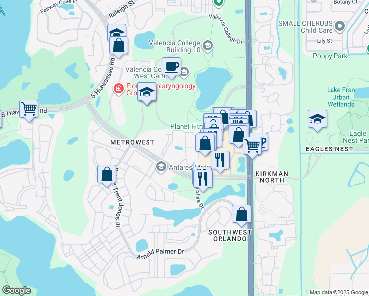 map of restaurants, bars, coffee shops, grocery stores, and more near 6121 Metrowest Boulevard in Orlando
