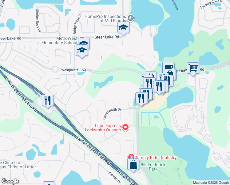 map of restaurants, bars, coffee shops, grocery stores, and more near 7350 Westpointe Boulevard in Orlando