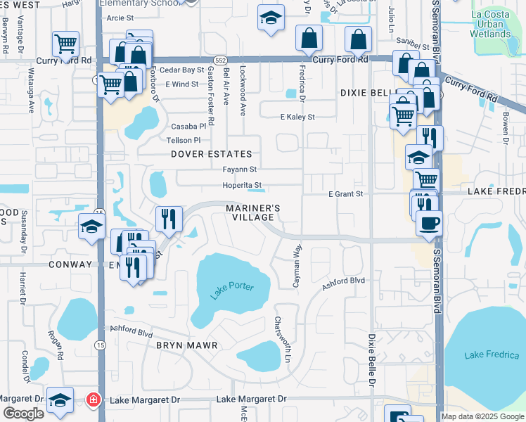 map of restaurants, bars, coffee shops, grocery stores, and more near 5120 Mystic Point Court in Orlando