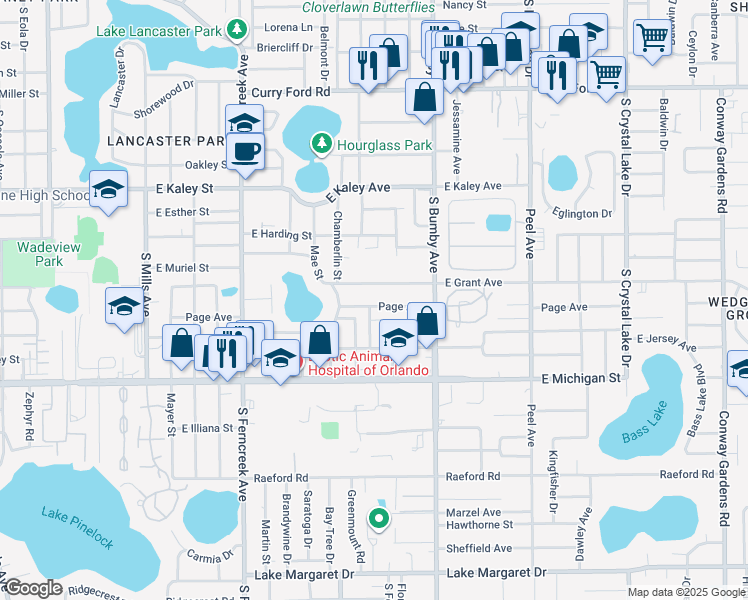 map of restaurants, bars, coffee shops, grocery stores, and more near 2100 East Grant Avenue in Orlando