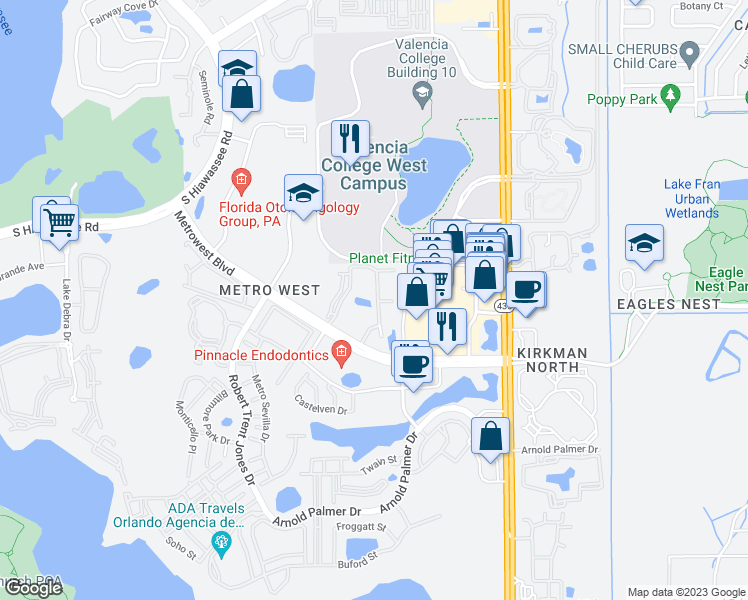 map of restaurants, bars, coffee shops, grocery stores, and more near 6121 Metrowest Boulevard in Orlando