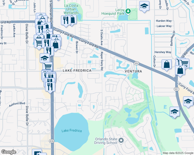 map of restaurants, bars, coffee shops, grocery stores, and more near 6034 Village Circle North in Orlando