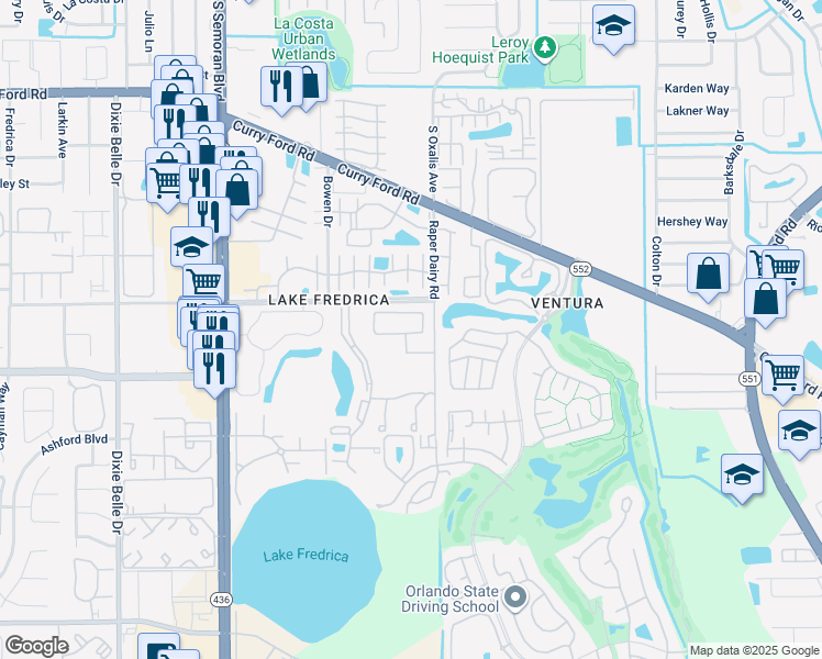 map of restaurants, bars, coffee shops, grocery stores, and more near 6034 Village Circle North in Orlando
