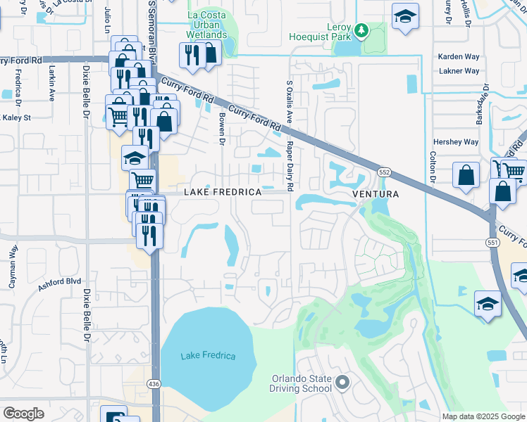 map of restaurants, bars, coffee shops, grocery stores, and more near 6034 Village Circle North in Orlando