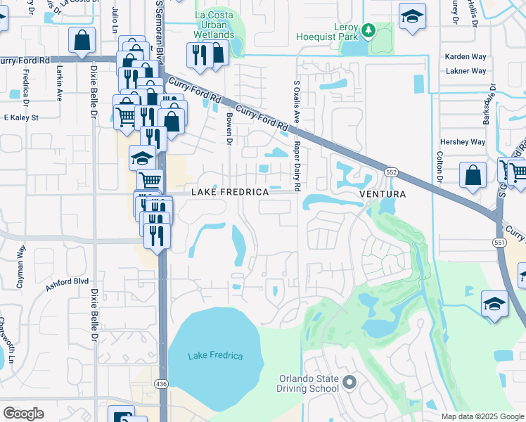 map of restaurants, bars, coffee shops, grocery stores, and more near 5938 Village Circle North in Orlando