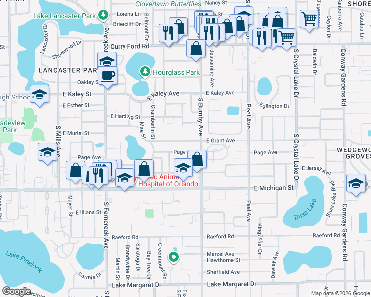 map of restaurants, bars, coffee shops, grocery stores, and more near 2200 East Grant Street in Orlando