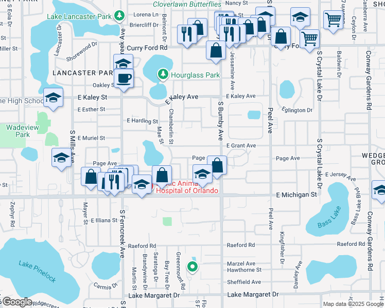 map of restaurants, bars, coffee shops, grocery stores, and more near 2100 East Grant Avenue in Orlando