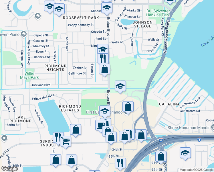 map of restaurants, bars, coffee shops, grocery stores, and more near 4001 Kirkland Boulevard in Orlando