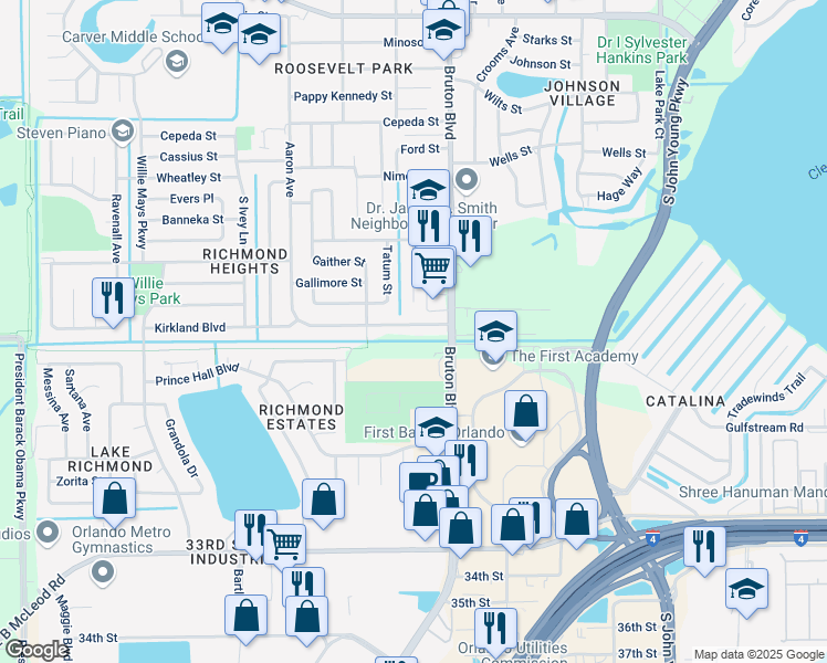 map of restaurants, bars, coffee shops, grocery stores, and more near 4040 Kirkland Boulevard in Orlando