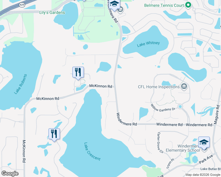 map of restaurants, bars, coffee shops, grocery stores, and more near 11994 McKinnon Road in Windermere