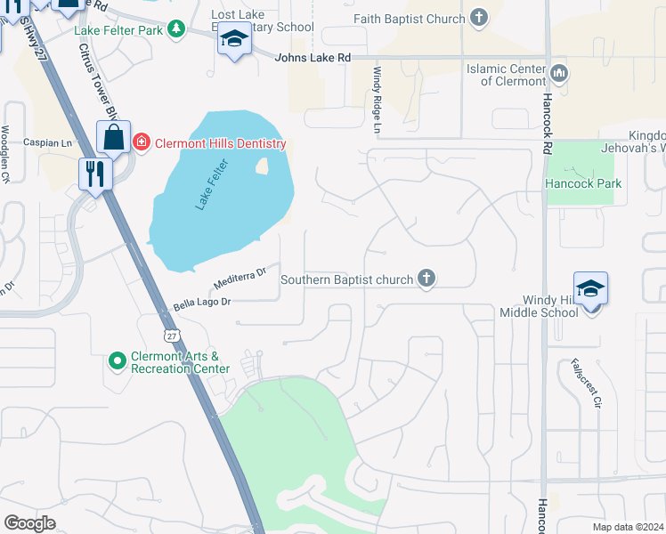 map of restaurants, bars, coffee shops, grocery stores, and more near 2150 Burley Avenue in Clermont