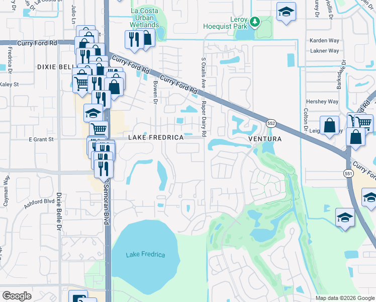 map of restaurants, bars, coffee shops, grocery stores, and more near 6050 Village Circle North in Orlando