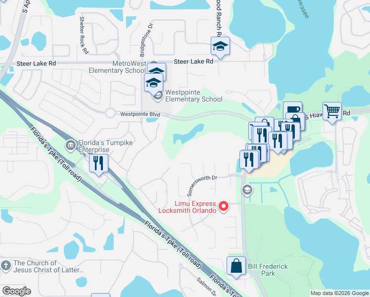 map of restaurants, bars, coffee shops, grocery stores, and more near 7310 Westpointe Boulevard in Orlando