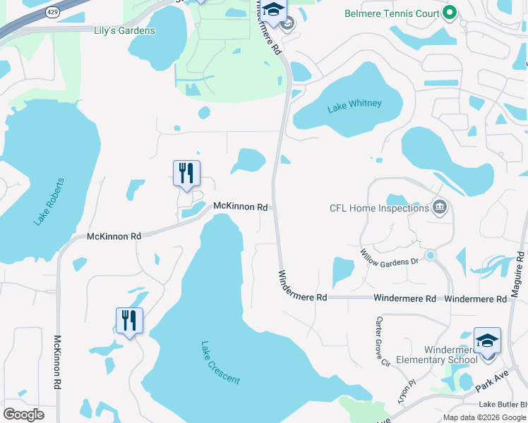 map of restaurants, bars, coffee shops, grocery stores, and more near 11994 McKinnon Road in Windermere