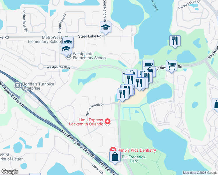map of restaurants, bars, coffee shops, grocery stores, and more near 7250 Westpointe Boulevard in Orlando