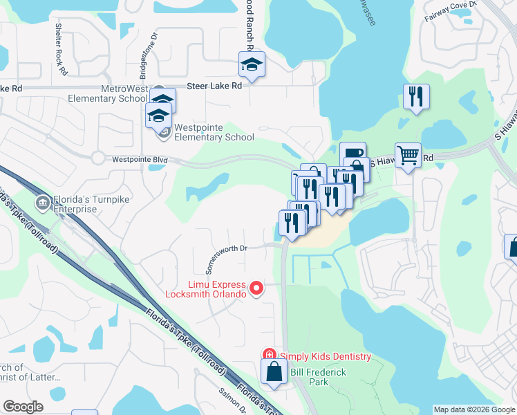 map of restaurants, bars, coffee shops, grocery stores, and more near 7250 Westpointe Boulevard in Orlando