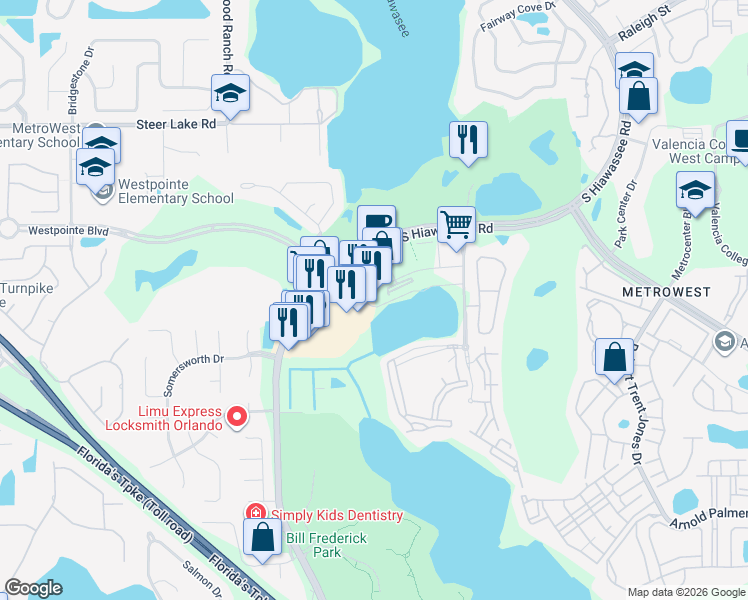 map of restaurants, bars, coffee shops, grocery stores, and more near 6996 Piazza Grande Avenue in Orlando
