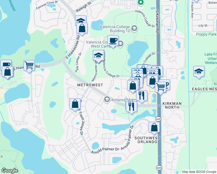 map of restaurants, bars, coffee shops, grocery stores, and more near 6171 Metrowest Boulevard in Orlando