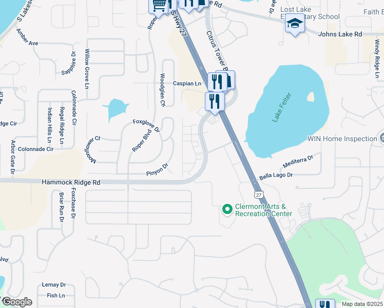 map of restaurants, bars, coffee shops, grocery stores, and more near 1480 Hammock Ridge Road in Clermont