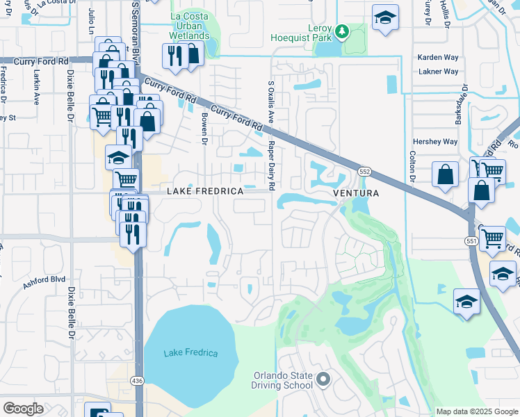 map of restaurants, bars, coffee shops, grocery stores, and more near 6034 Village Circle North in Orlando