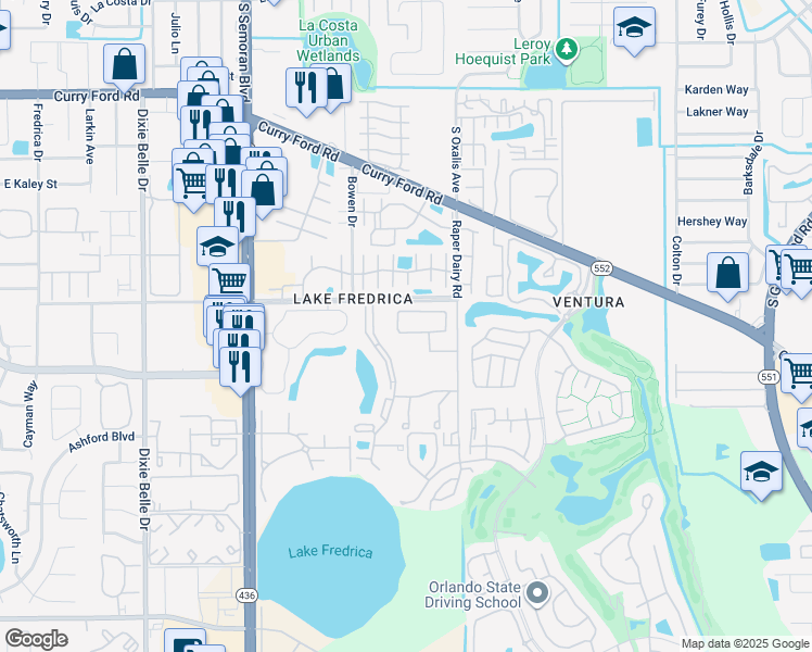 map of restaurants, bars, coffee shops, grocery stores, and more near 5938 Village Circle North in Orlando