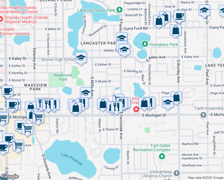 map of restaurants, bars, coffee shops, grocery stores, and more near 1406 East Grant Street in Orlando