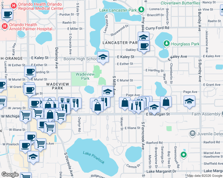 map of restaurants, bars, coffee shops, grocery stores, and more near 2300 South Mills Avenue in Orlando