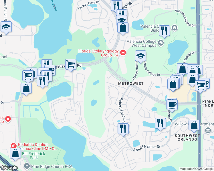 map of restaurants, bars, coffee shops, grocery stores, and more near 2558 Robert Trent Jones Drive in Orlando