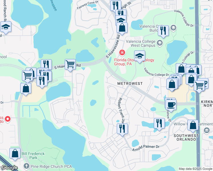 map of restaurants, bars, coffee shops, grocery stores, and more near 2558 Robert Trent Jones Drive in Orlando