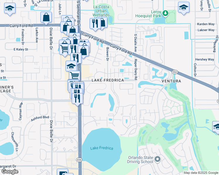 map of restaurants, bars, coffee shops, grocery stores, and more near 2434 Oak Park Way in Orlando