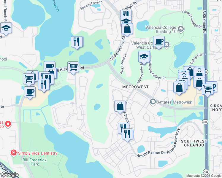 map of restaurants, bars, coffee shops, grocery stores, and more near 2558 Robert Trent Jones Drive in Orlando