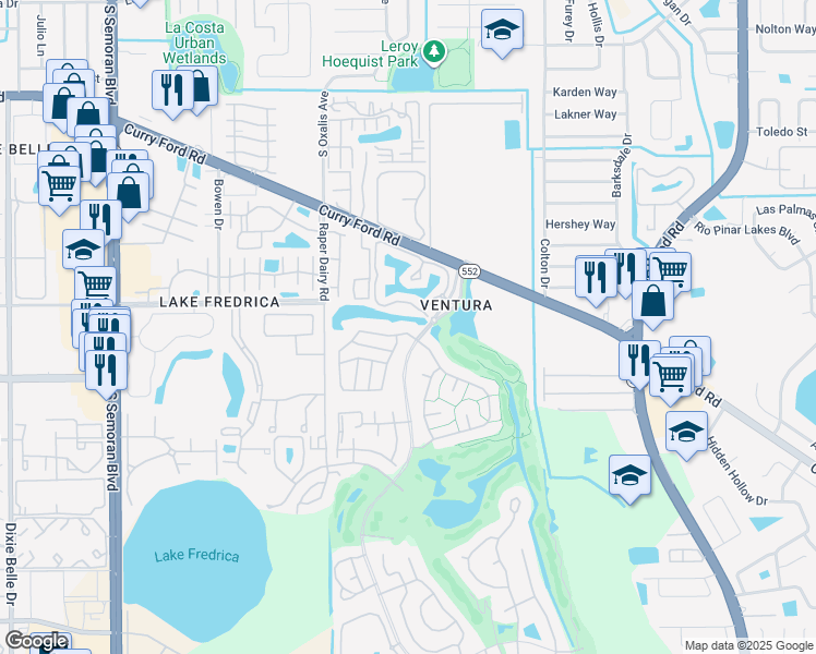 map of restaurants, bars, coffee shops, grocery stores, and more near 2500 Shadybranch Drive in Orlando