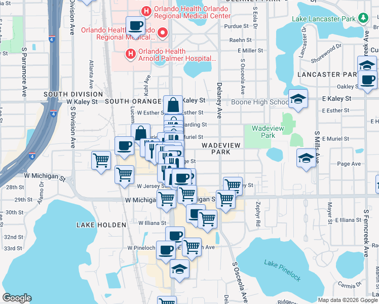 map of restaurants, bars, coffee shops, grocery stores, and more near 134 East Grant Street in Orlando