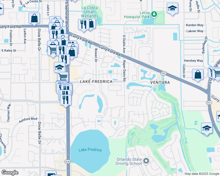 map of restaurants, bars, coffee shops, grocery stores, and more near 5938 Village Circle North in Orlando
