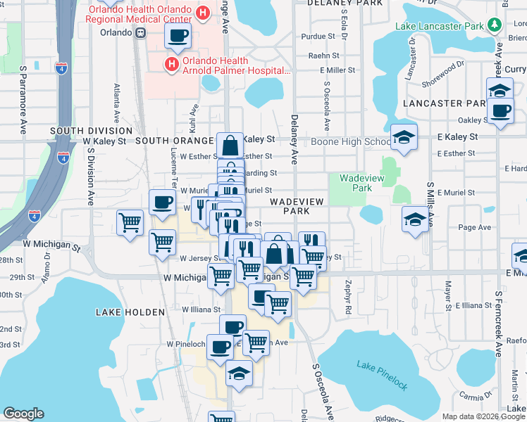 map of restaurants, bars, coffee shops, grocery stores, and more near 218 East Grant Street in Orlando