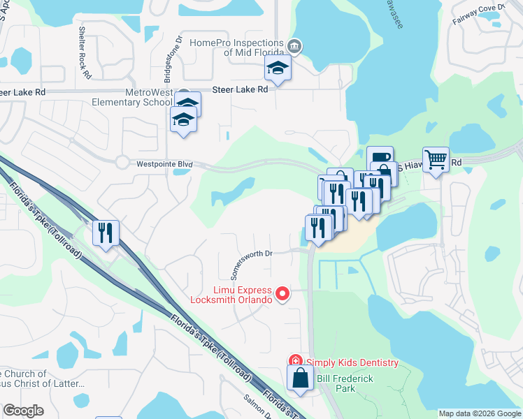 map of restaurants, bars, coffee shops, grocery stores, and more near 7350 Westpointe Boulevard in Orlando