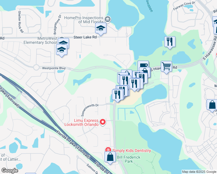 map of restaurants, bars, coffee shops, grocery stores, and more near 7250 Westpointe Boulevard in Orlando