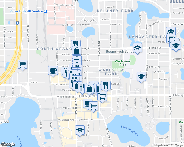 map of restaurants, bars, coffee shops, grocery stores, and more near 218 East Grant Street in Orlando