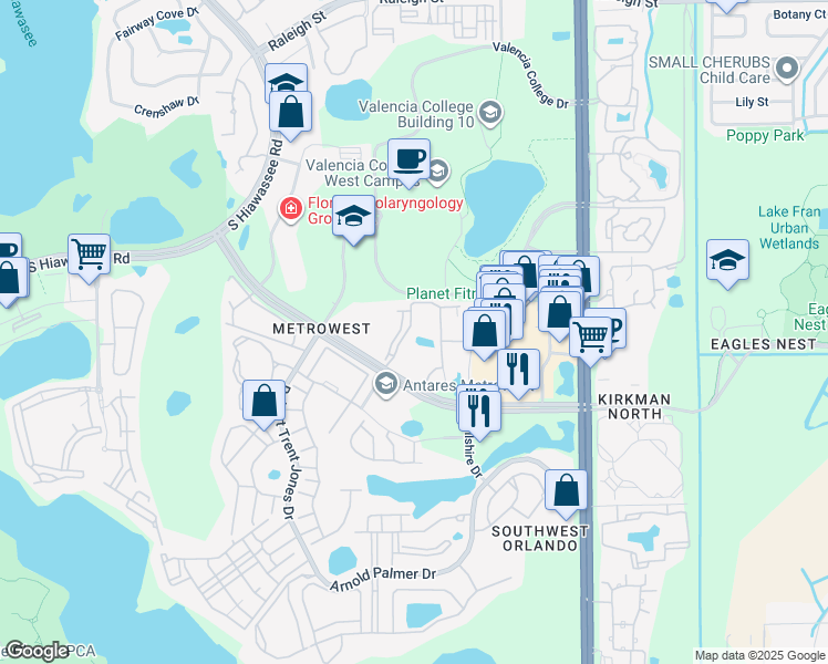 map of restaurants, bars, coffee shops, grocery stores, and more near 6149 Metrowest Boulevard in Orlando