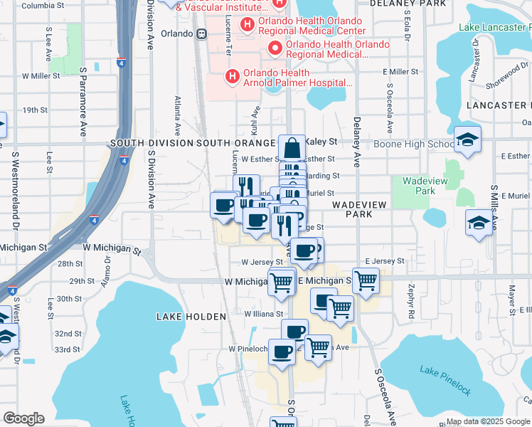 map of restaurants, bars, coffee shops, grocery stores, and more near 100 West Grant Street in Orlando