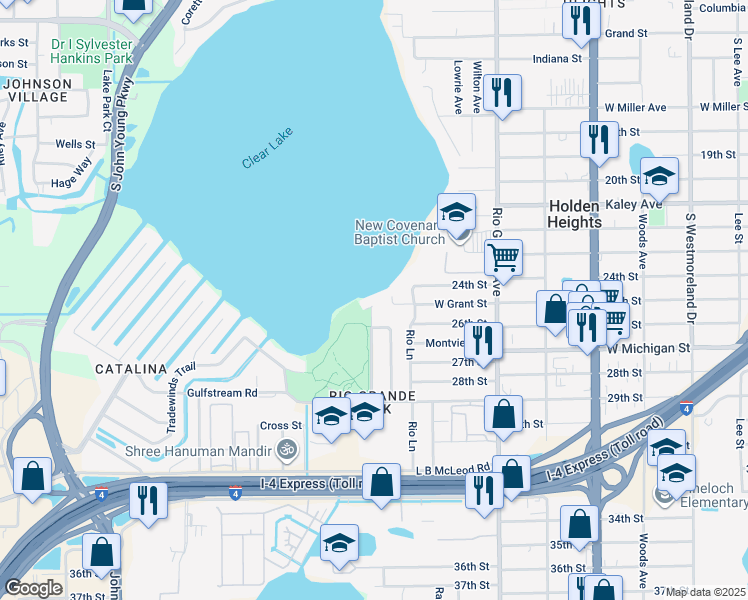 map of restaurants, bars, coffee shops, grocery stores, and more near 2201 Catalina Drive in Orlando