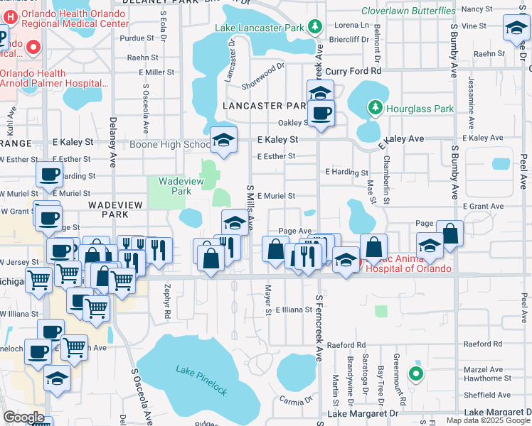 map of restaurants, bars, coffee shops, grocery stores, and more near 2302 Mayer Street in Orlando