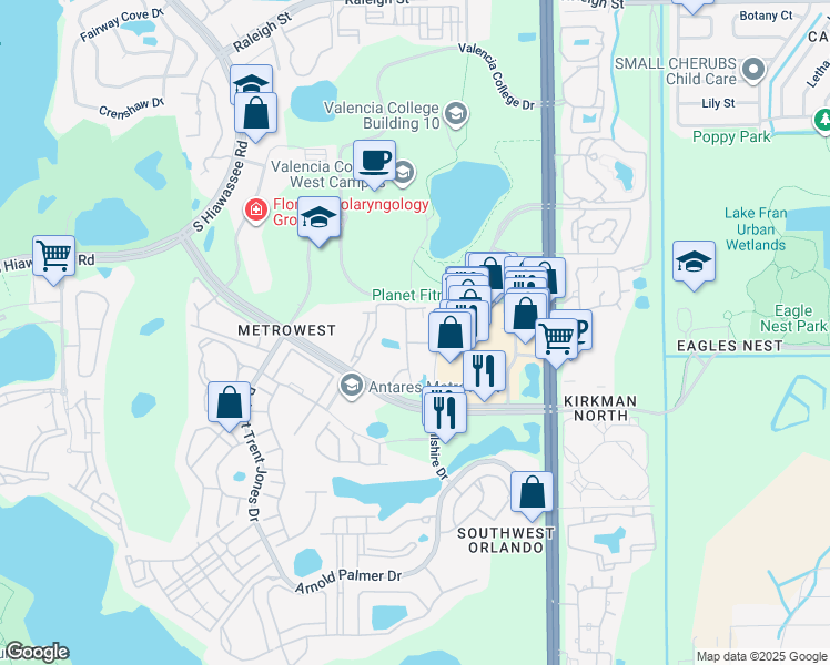 map of restaurants, bars, coffee shops, grocery stores, and more near 6125 Metrowest Boulevard in Orlando